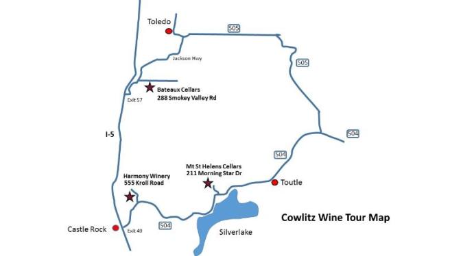 Cowlitz Wine Tour Map  (image courtesy of Mt. St. Helens Cellars)